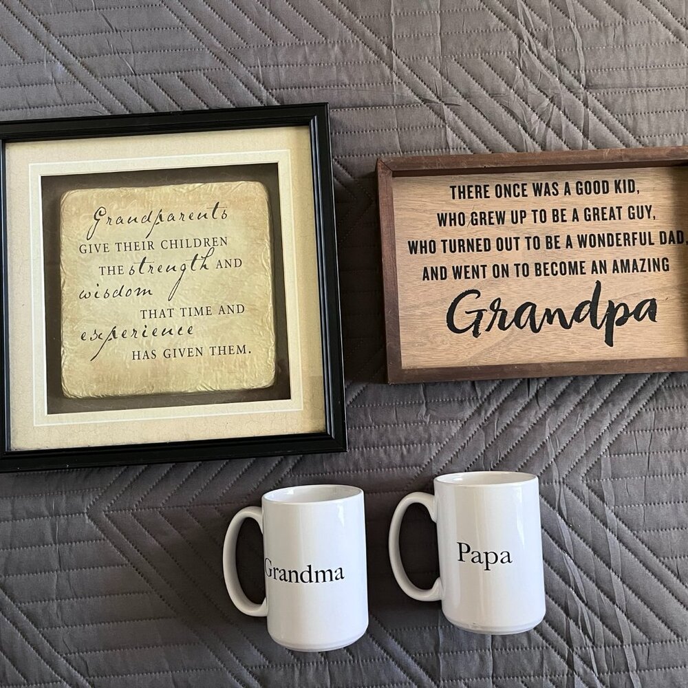 Grandparents Double Gift Bundle: 2 Mugs, Framed Art & Hallmark Wood Sign